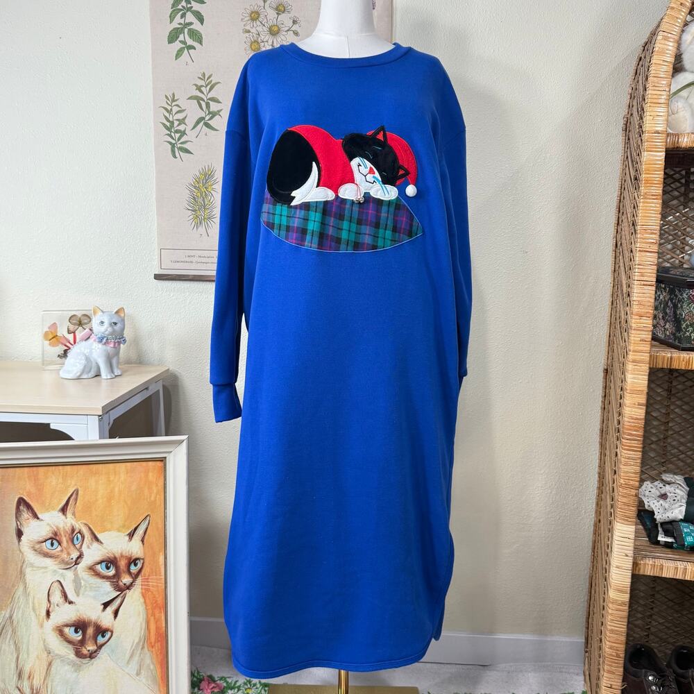 Vintage 80s 90s Cat Embellishment Winter Sweatshirt Nightgown Novelty Grandma 1X